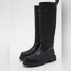 NEW Zara Faux Shearling Lined Mid-calf Black Leather Boots with Waterproof Sole